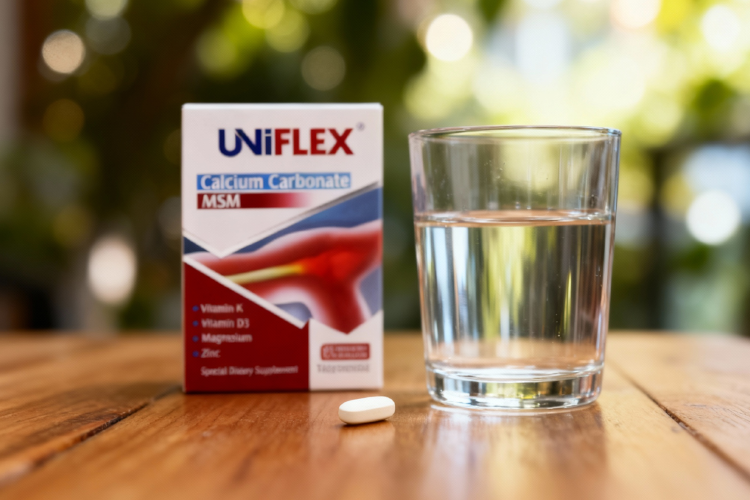 قرص یونی فلکس کنار لیوان آب برای مصرف روزانه